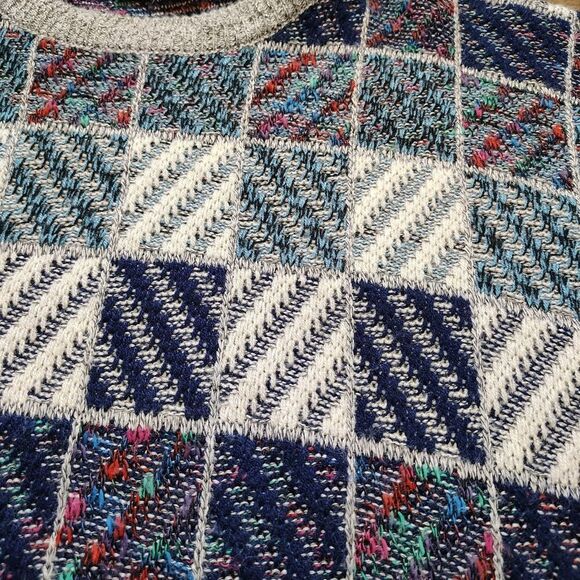 Mens 80s Geometric Patchwork Knit Sweater L Abstract Retro Pattern Grandpa - Picture 6 of 9